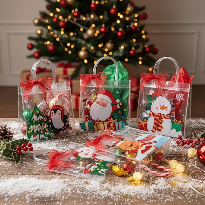 Henoyso 12 Pcs Christmas Clear Gift Bags Plastic Candy Treat Goodie Bags Red Foil Santa PVC Wrap Totes with Handles and Ribbon Xmas Party Favors (Santa and Snowman,7.8 x 7.8 x 3.1 Inch)