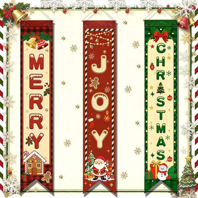 3PCS Christmas Party Decorations Merry Christmas Porch Banners Xmas Hanging Signs Holiday Wall Decor Rustic Farmhouse Xmas Porch Signs for Indoor Outdoor Photo Booth Backdrop Winter Party Supplies