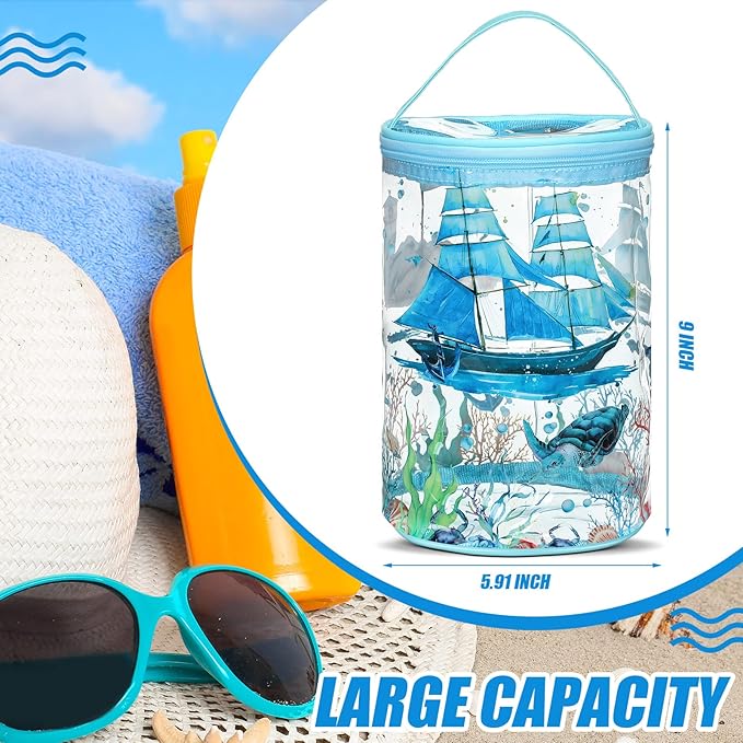 Sanwuta Beach Gifts Heavy Duty Clear Lotion Toiletry Bags for Travel Sunscreen Makeup Cosmetic Pouch Cylinder Bag Waterproof Portable Trip Bag with Handle Zipper(Sailboat)