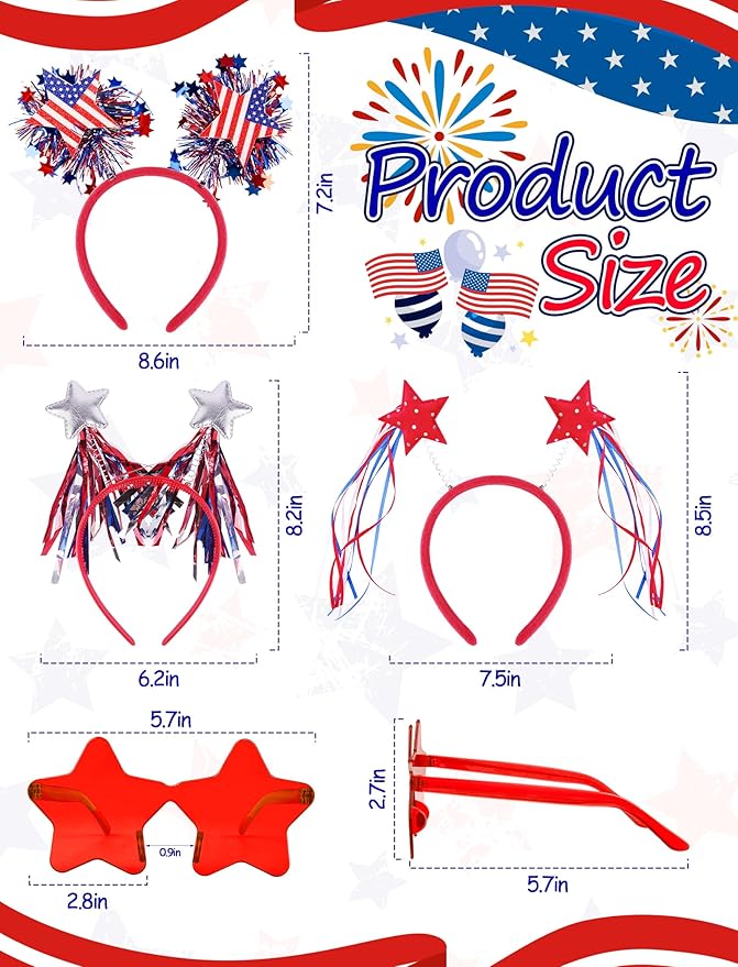 VEKDA 8 Pcs Patriotic Party Accessories, 4th of July Headband and Star Glasses for Independence Day and Memorial Day Veterans Day Supplies
