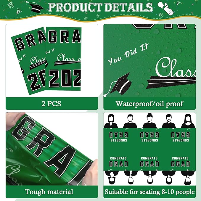 OHOME Class of 2026 Decorations - Graduation Party Decorations 2026 - Disposable Plastic Green Tablecloth for Class of 2026 Decorations Party Favors Supplies Banner,54" X 108",2 Pack
