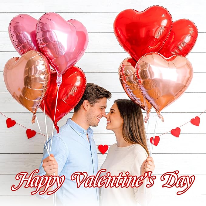 12 Pcs Rose Gold and Red Heart Foil Balloons for Valentines Day Decorations,18 Inch Romantic Love Valentine Heart Balloons for Valentines Day Wedding Marriage Birthday Bridal Shower Party Decorations