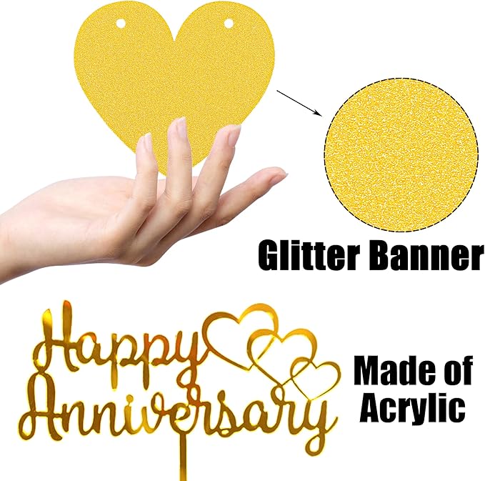 Happy Anniversary Decorations, Glitter Gold Black Happy Wedding Decorations Sets with Banner, Cake Topper, Glitter Hanging and Balloons for All Ages' Anniversary Party Decorations