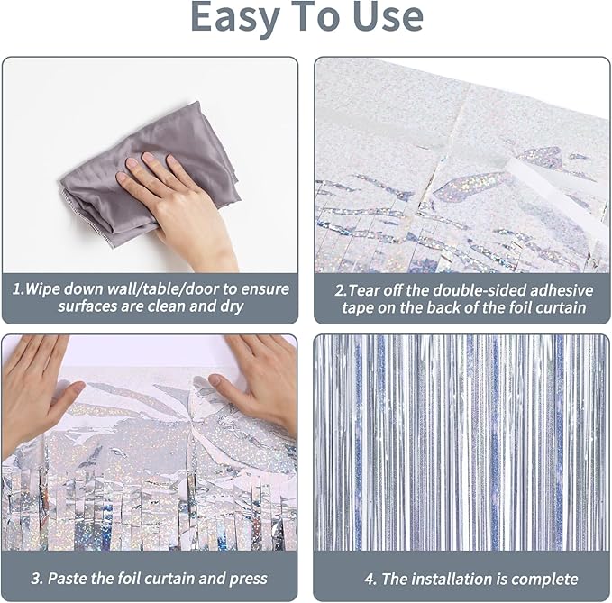 RUBFAC 2 Pack Shimmer Silver Backdrop Party Decorations Foil Fringe Curtains Tinsel Metallic Streamers Photo Booth Streamer for Bachelorette Wedding Engagement Baby Shower Birthday Party Supplies