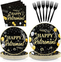 Grencian 96Pcs Happy Retirement Party Supplies Black Gold Plates and Napkins Retirement Tableware Sets Disposable Decoration for Men Birthday Farewell Graduations Going Away Party Serve 24