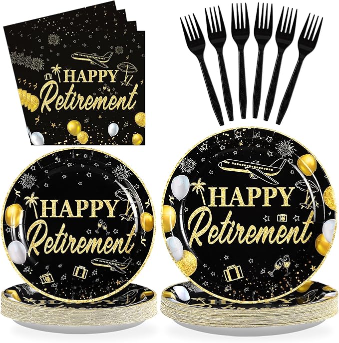 Grencian 96Pcs Happy Retirement Party Supplies Black Gold Plates and Napkins Retirement Tableware Sets Disposable Decoration for Men Birthday Farewell Graduations Going Away Party Serve 24