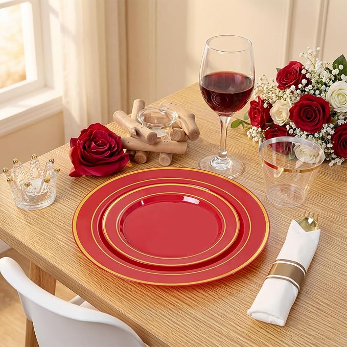 350Pieces Red Plastic Plates with Gold Rim Include 50Dinner Plate 10inch 50Dessert Plate 7inch 50 gold Cups 9 OZ, 50 Pre Rolled Napkins for Party Baby Shower Wedding Spring