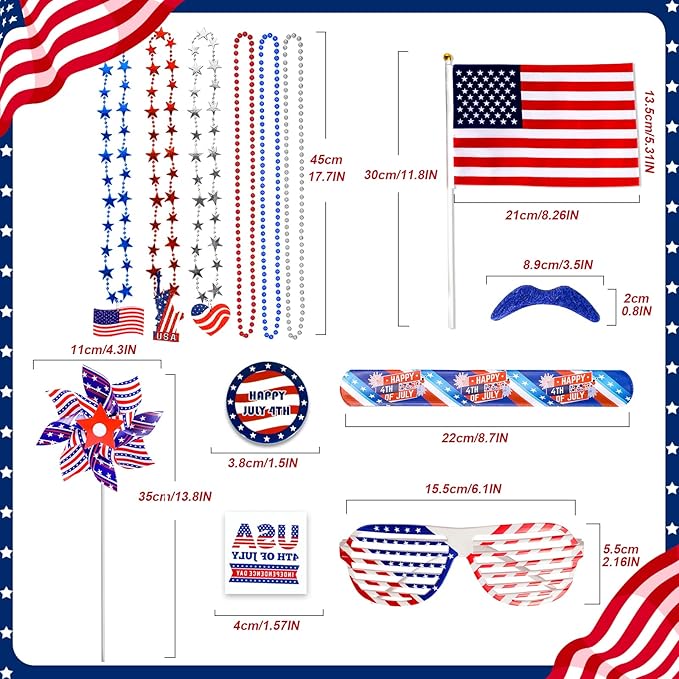 156 PCS 4th of July Accessories Patriotic Party Favors American Flags Glasses Slap Bracelets Pinwheels Tattoo Stickers Brooches Beards Necklaces for Independence Day Memorial Day