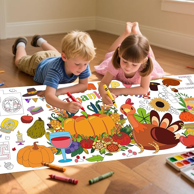 Thanksgiving Giant Coloring Poster,72 x 30 Inches Large Fall Thanksgiving Tablecloth/Banner for Kids DIY Coloring Tablecovers Gifts Turkey Pumpkin Fruits Fall School Classroom Home Party Supplies