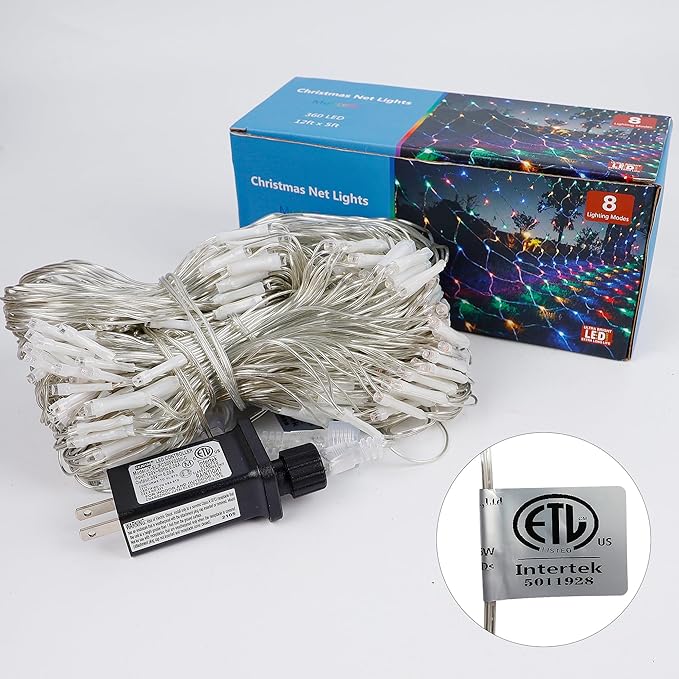 LJLNION Christmas Net Lights, 360 LED 12ft x 5ft Connectable Mesh Fairy String Lights,8 Modes Low Voltage Safe Adaptor for Xmas Trees, Bushes, Wedding, Outdoor Garden Decorations, Multicolor