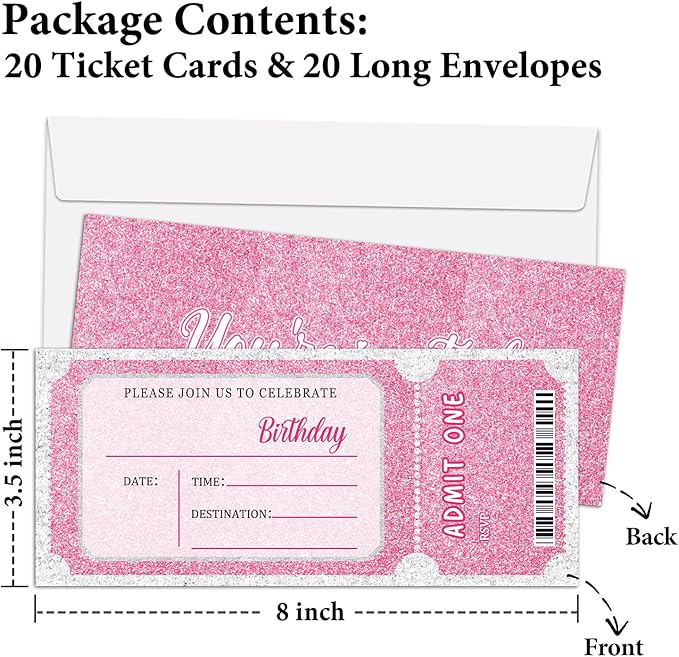 Pink Glitter Birthday Invitation Ticket, Glitter Invitation for Girls Teens, 20 Ticket With Envelopes, 3.5 x 8 inch Double-Sided Fill In Birthday Party Personalized Invites Cards - B