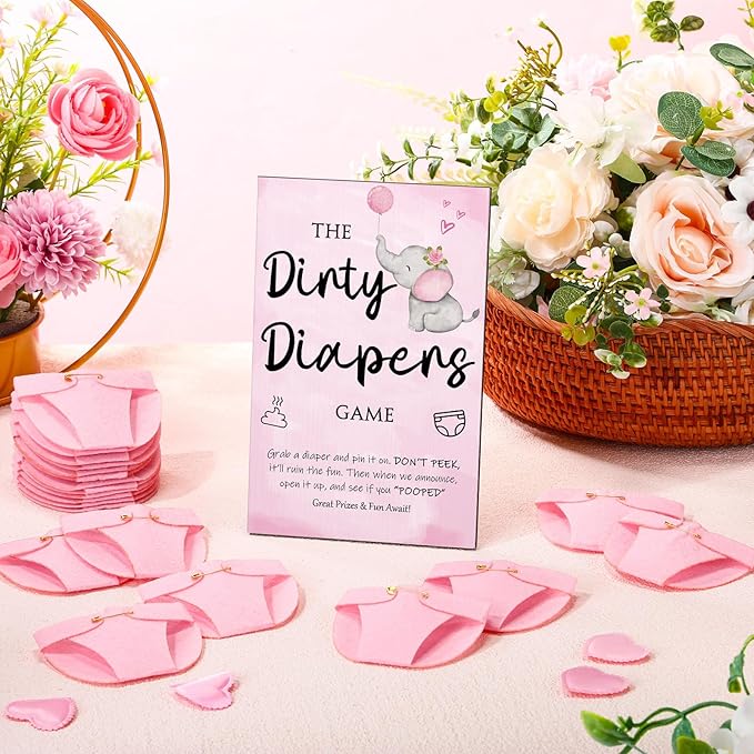 Roowest 51 Pcs Dirty Diaper Baby Shower Games Funny Wooden Sign with 50 Pcs Mini Diapers Cute Felt for Gender Reveal Party Baby Shower(Pink Elephant)