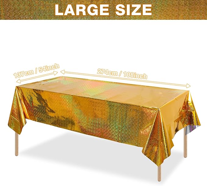 4 Pack Iridescence Plastic Tablecloths Shiny Disposable Laser Rectangle Table Covers Holographic Foil Tablecloth Iridescent Party Decoration Birthday Bridal Wedding Christmas 54" x 108" (Gold)