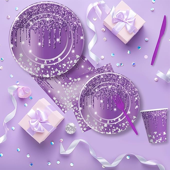 Purple Plates and Napkins Party Supplies - Decorations Tableware, Paper Plate, Napkin, Cup, Disposable Cutlery, Glitter Bridal Shower Birthday Table Decorations | Serve 24