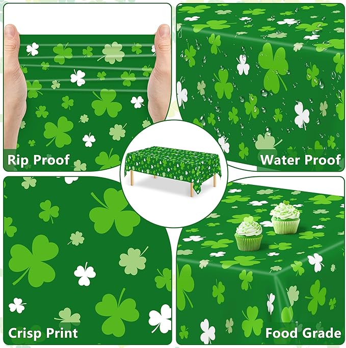 4 PCS St Patricks Day Decorations, Plastic 108" X 54" Irish St Patricks Day Tablecloth, Disposable Lucky Shamrock Decorations, Rectangle Shamrock Green Table Cloths, Lucky Decor for Memorable Table