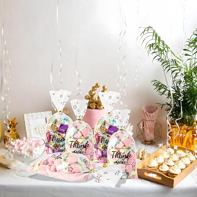 Docvania Cellophane Treat Gift Bags Thank You Printed Cookie Bags 100 pcs 5 X 11 Gift Bag with Ties for Mother's Day, Thanksgiving and Christmas