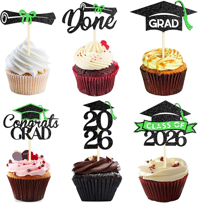 24 Pack 2026 Congrats Grad Cupcake Toppers Set, Graduation Cupcake Decor, Class of 2026 Cupcake Picks for Senior High School College Grad Party Decorations Supplies(Black with Green) A
