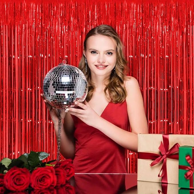 6 Pack Red Foil Fringe Curtains Backdrop, 3.28 x 9.8 Ft Metallic Streamers Tinsel Curtains Background for Photo Booth, Birthday, Halloween, Christmas, Thanksgiving, New Year Party Decorations