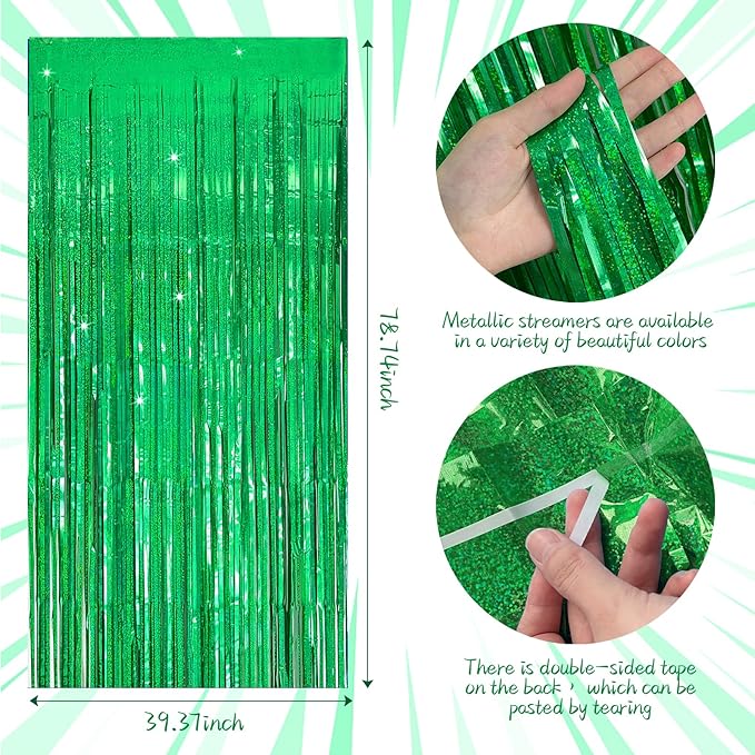 Tinsel Curtain Green Birthday Party Decorations - 10 Packs Glitter Foil Fringe Curtain Decor Streamers for Birthday, Christmas, Wedding, Halloween, Graduation