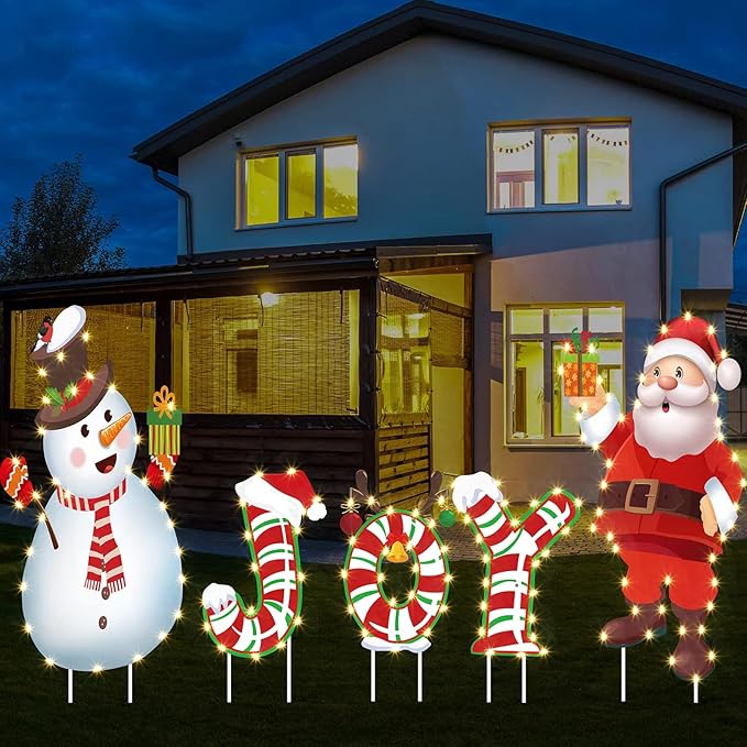 Macarrie Outdoor Christmas Decoration - 5 Pieces Joy Yard Sign with Lights String, Xmas Santa Snowman Lawn Stakes for Outside Holiday Walkway Party Decor