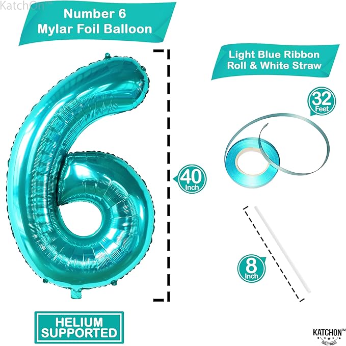 KatchOn, Giant Teal Blue Number 6 Balloon - 40 Inch | 6th Birthday Balloon for 6th Birthday Decorations | 6 Balloons for Birthday | Number Balloons for Anniversary Decorations