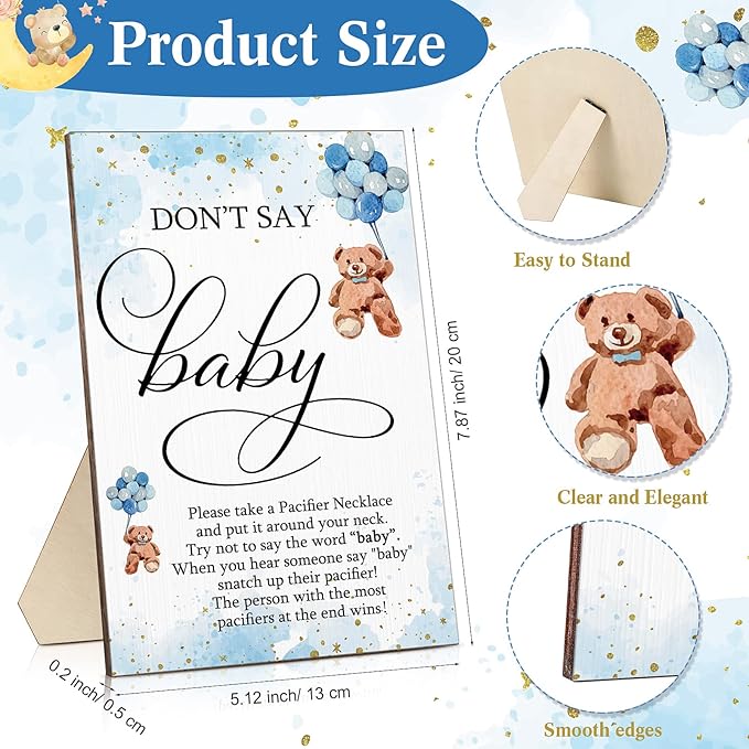 Wesiti 51 Pcs Cool Baby Shower Game Wooden Sign Gift Sets 50 Baby Shower Pacifiers Necklace Acrylic Pacifier for Gender Reveal Party Favor(Bear,Blue)