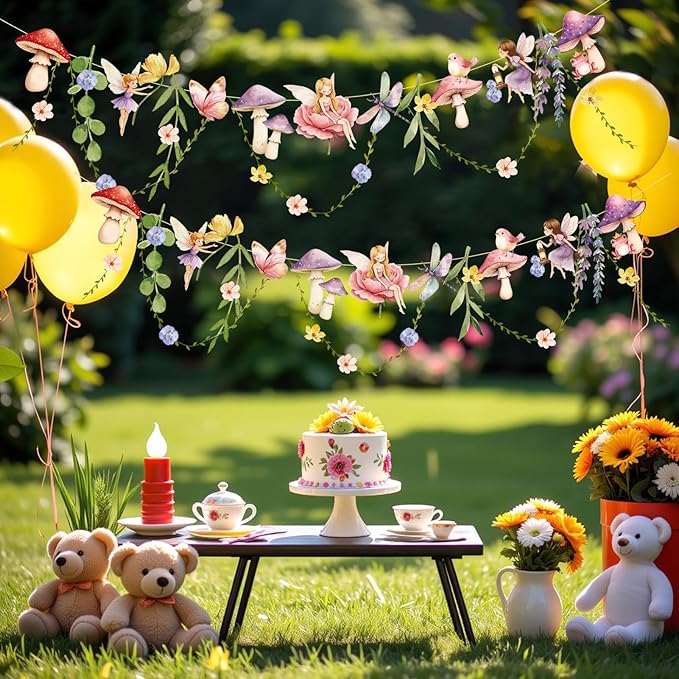 Fairy Party Banner, Fairy First Birthday Party Decorations, Mushroom Flower Banner for Baby Shower Garden First Fairies Tale Theme Girls Birthday Wedding Decor