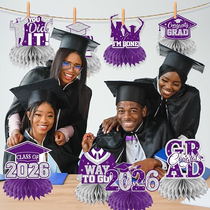 12pcs Graduation Table Decorations 2026, Purple Graduation Decorations 2026 Purple and Silver Graduation Centerpieces for Tables,Class of 2026 Centerpieces Honeycomb for Congrats Grad Table Decor