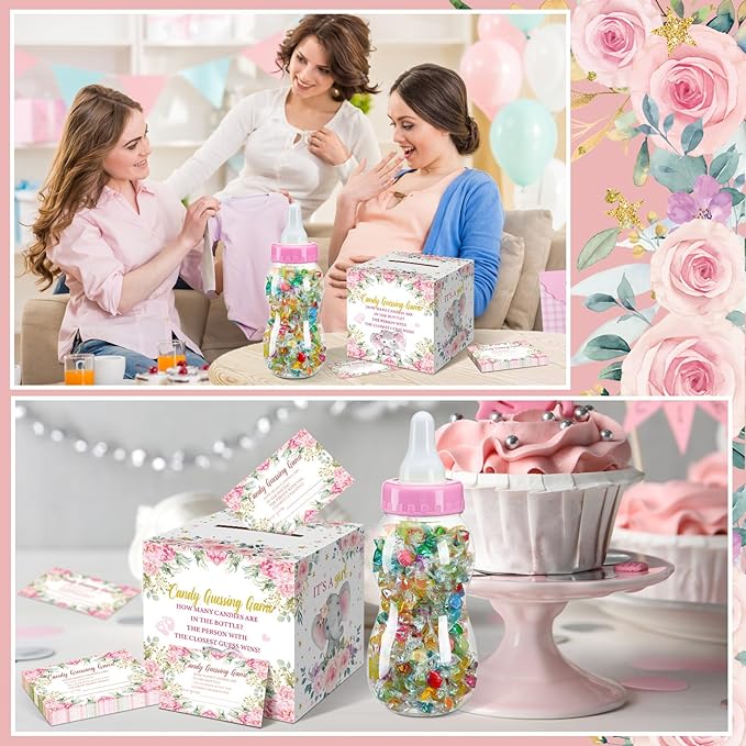 Glenmal 52 Pcs Pink Elephant Theme Baby Shower Games Gift Sets Large Baby Bottle for Shower Game Guess How Many Candies Decorations for Gender Reveal