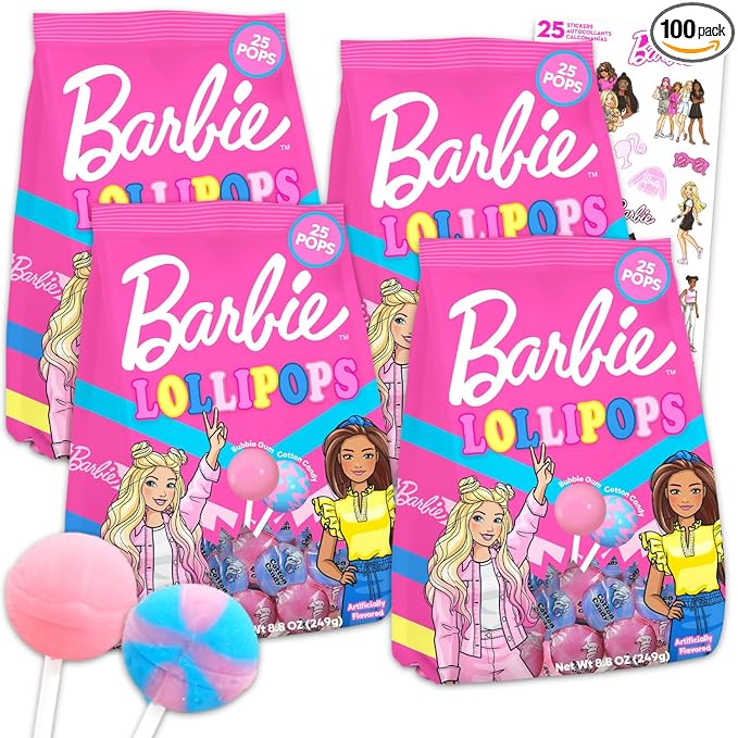 Barbie Lollipop Bulk Pack - 100 Individually Wrapped Halloween Hard Candy Suckers, Sweet Treats, Pinata, Stickers - Assorted Pop Flavors Party Favors