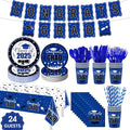 Graduation Party Supplies Congrats Grad Decorations Class of 2025, Disposable Plates and Napkins with Banner Tablecloth Cups Dinnerware Sets for Graduation Decor, Serves 24 (Blue and White)