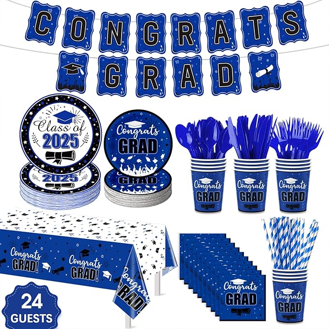 Graduation Party Supplies Congrats Grad Decorations Class of 2025, Disposable Plates and Napkins with Banner Tablecloth Cups Dinnerware Sets for Graduation Decor, Serves 24 (Blue and White)