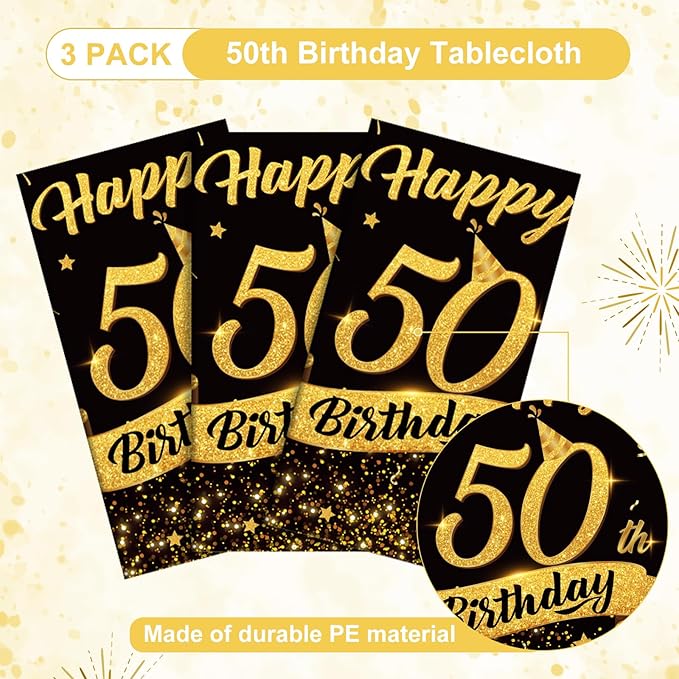 3 Pack 50th Birthday Plastic Tablecloth, 54x108 Inch Black Gold Disposable Rectangle Table Cover Waterproof Table Cloth for Birthday 50 Anniversary Party Supplies