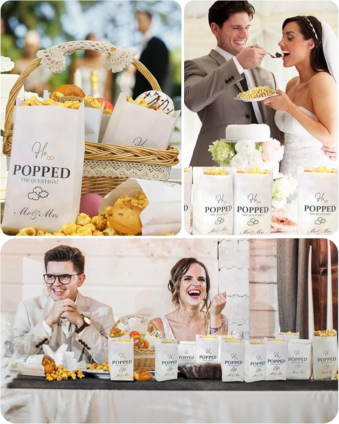 48pcs He Popped the Question Popcorn Bags - Engagement, Bridal Shower, Wedding Party Favors - Grease Resistant