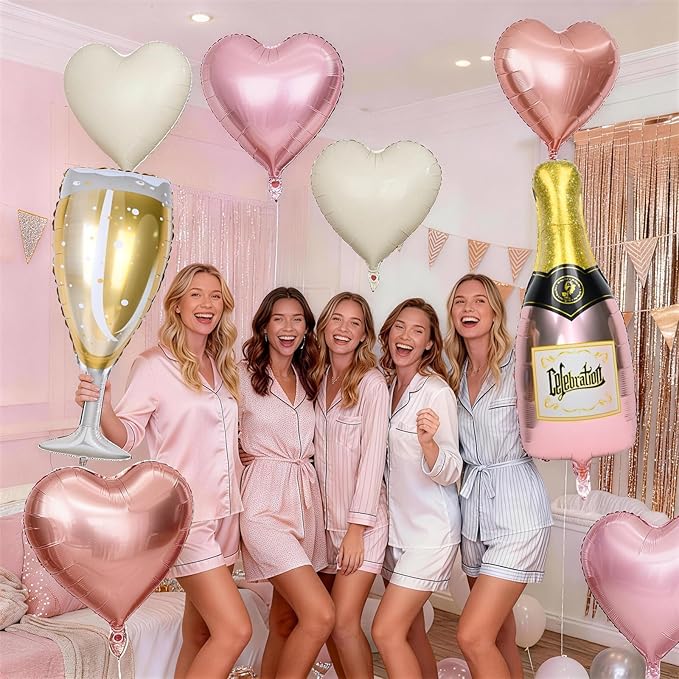 Champagne Balloons, Bachelorette Party Balloons with Champagne Bottle Glass Foil Balloon Rose Gold Pearl Pink Cream Heart Balloon for Engagement Birthday Bridal Shower Wedding Anniversary Decorations