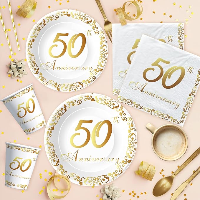 APOWBLS 50th Anniversary Decorations And Supplies Tableware - Golden 50 Year Wedding Anniversary Decorations, Party Plate, Cup, Napkin, Tablecloth, Cutlery, Paper Straw | Serve 24