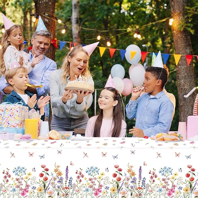 3 Pcs Wildflower Tablecloth Spring Summer Floral Table Cover for Butterfly Wildflowers Theme Picnic Dining Holiday Weeding Baby Shower Birthday Tea Party Table Supplies Decorations