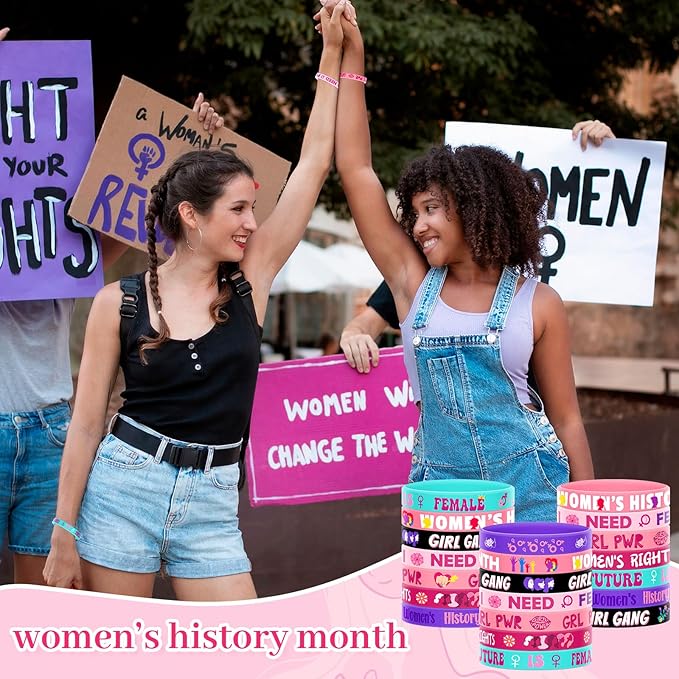 JUNEBRUSHS 42 Pack Women's History Month Silicone Wristbands with Inspirational Messages, 6 Vibrant Designs of Women's History Month Bracelets for Events Gifting