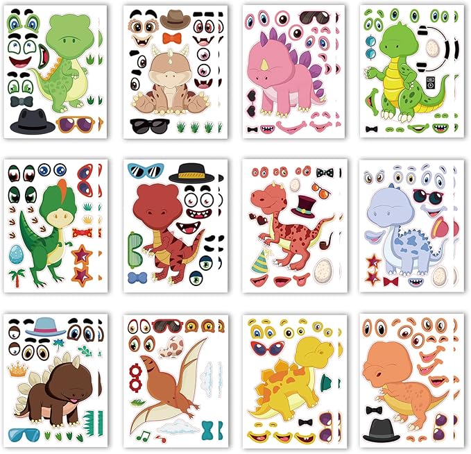 24 Sheets Make a Face Dinosaur Stickers for Kids Make Your Own Dinosaur Stickers Dino Birthday Goodie Bags Stuffer Children Party Favors Exchange Gifts