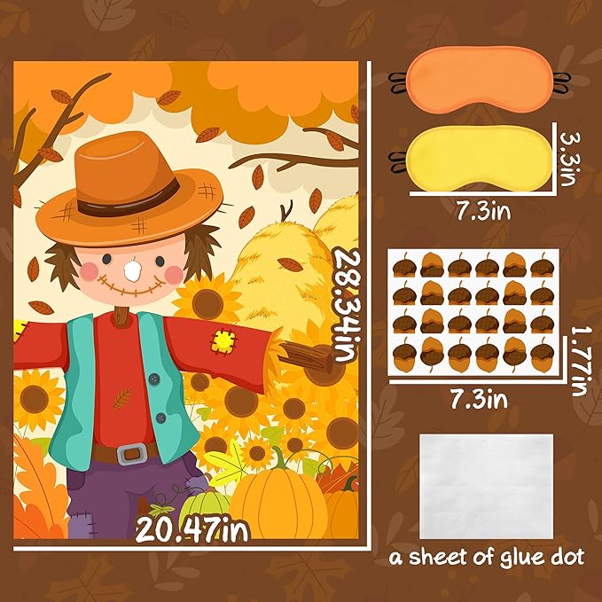 Fall Themed Pin the Nose On the Scarecrow Party Game Poster with 24 Pcs Acorn Stickers Fun Autumn Harvest Party Activity Decorations Supplies for Thanksgiving Halloween Fall Festivals Birthday