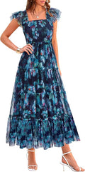 PRETTYGARDEN Women's Summer Tulle Midi Dress Sleeveless Smocked Ruffle Flowy Mesh Dresses Party Wedding Guest Sundress