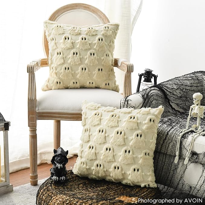 AVOIN colorlife Halloween Ghost Beige Throw Pillow Cover Set of 2, 18 x 18 Inch Soft Plush Faux Fur Jacquard Spooky Cushion Case Decoration for Sofa Couch