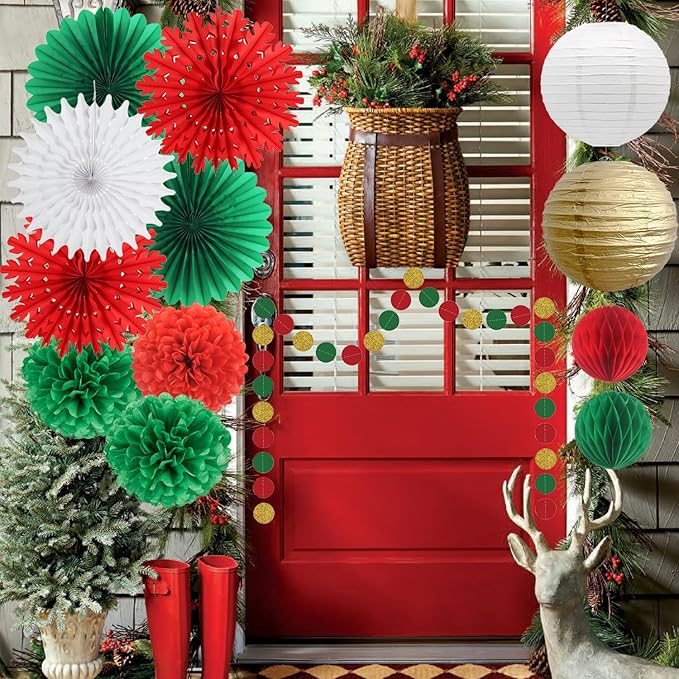Christmas Decoration White Snowflake Paper Fans Paper Honeycomb Ball Lanterns Red Green Gold Circle Dot Garland for Christmas Party Supplies Xmas New Year Decorations