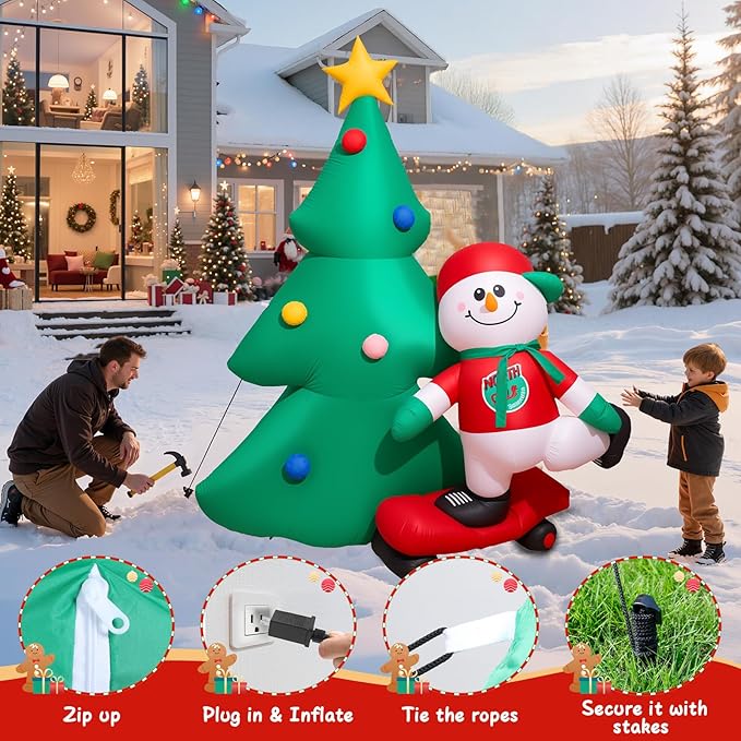 7 FT Christmas Tree Inflatables Outdoor Decortaion, Large Blow Up Christmas Tree with Scooter Boy Snowman, Light Up Inflatable Christmas Decoration for Yard Lawn, Garden, Party