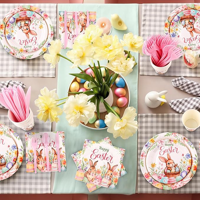 Kochorie 175 Pieces Easter Paper Plates and Napkins Disposable Colorful Eggs Easter Bunny Flower Tableware Set 7 Inch & 9 Inch Plates Napkins Cups Cutlery for Spring Holiday Party Decor, Serve 25