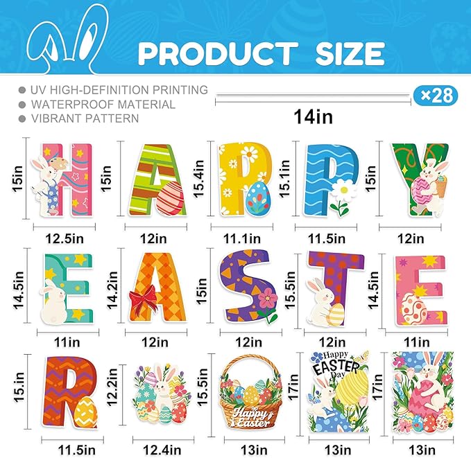 15PCS Happy Easter Yard Signs Set, 34” Large Happy Bunny & Egg Outdoor Easter Decorations on H-Shaped Metal Stand, Outdoor Lawn & Garden, Easter Party, Pathway, Patio, Spring Holiday