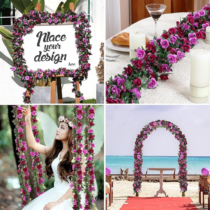 MARTINE MALL Flower Garland - Rose Vines, 8 Strands 66Ft for Bedroom, Purple Rose Floral Garland for Room Table Birthday Wedding Party Garden Wall Decor