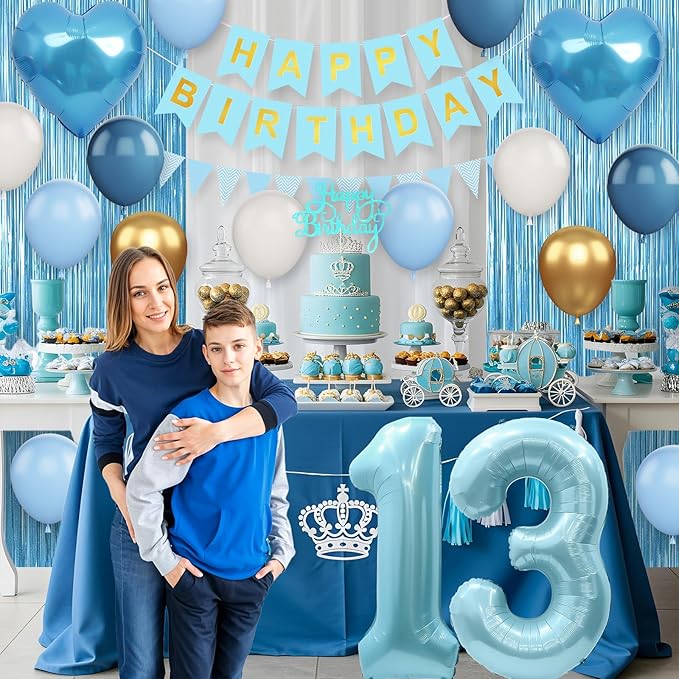 13th Birthday Decorations Blue White Gold,13th Birthday Balloons with Happy Birthday Banner Fringe Curtain Heart Foil Balloons for Boys Girls 13 Year Old Birthday Decor