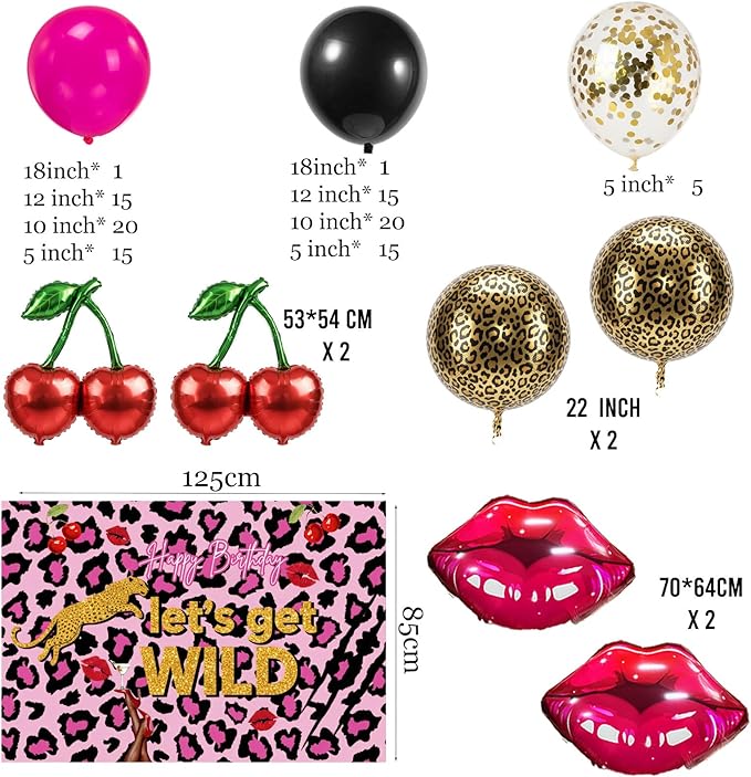 Hot Pink and Black Balloons Arch Kit Cherry Birthday Decorations with Background cloth Foil Cheetah Print lips Cheetah Balloons for Baby Shower Bachelorette Party Decorations