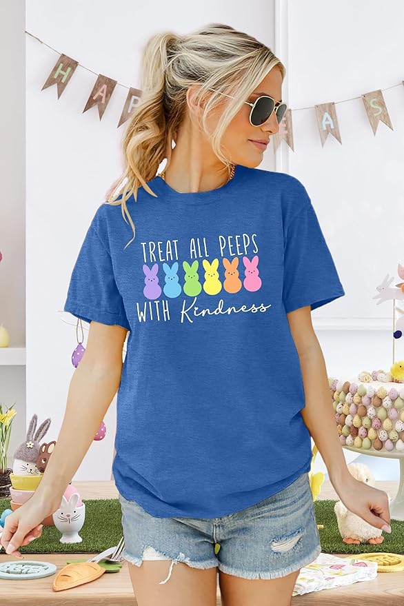 LAZYCHILD Women Easter Teacher Shirts: Funny Treat All with Kindness T-Shirt Bunny Rabbit Tee Tops